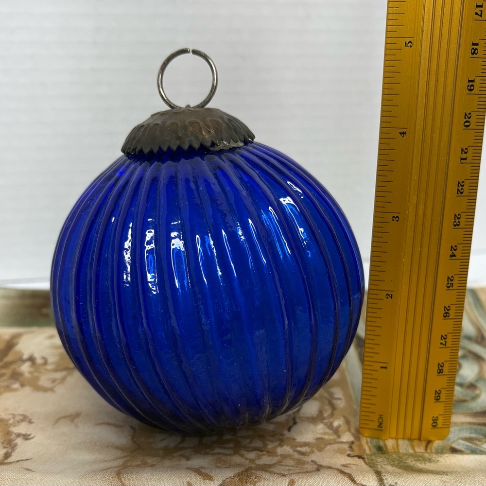 Kugel Vintage Ribbed Cobalt Blue Glass Ornament with Metal Accent